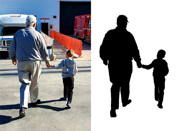 Photo of man and grandson walking, and a silhouette of the image