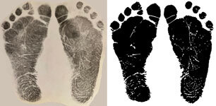 Baby footprints showing original and black & white version Baby footprints showing original prints then the processed black & white version