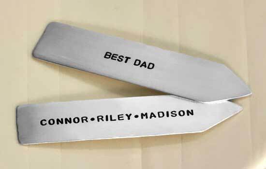 sterling silver collar stays saying, "Best Dad" and "Connor-Riley-Madison" They are hand-cut, filed, hand-stamped, polished, and then brushed to a matte finish. 