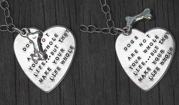 Silver Heart Necklace with silver dog bone charms from Heart On Your Wrist, stamped with: Dogs aren't your whole life but they make your life whole.