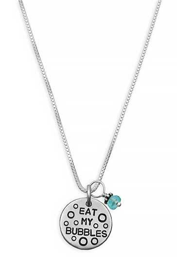 Silver Necklace for swimmer saying Eat My Bubbles with birthstone