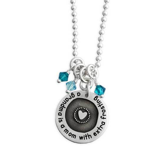 Personalized sterling silver circle necklace with birthstones by Heart On Your Wrist. Handcrafted Grandma gift.