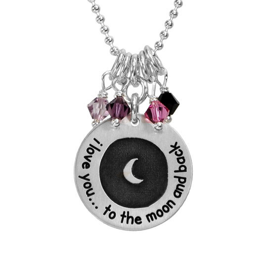 Silver Engraved Moon and Back Necklace with Moon in relief, and "Love You...to the Moon and Back" around the raised edge