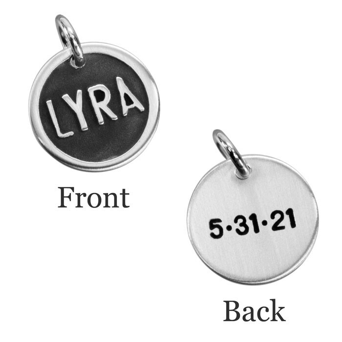 Custom silver etched name disc, personalized with name on the front and optional birthday on the back