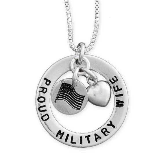 Silver Proud Military Wife Stamped Necklace, with flag and heart charms hanging in the middle