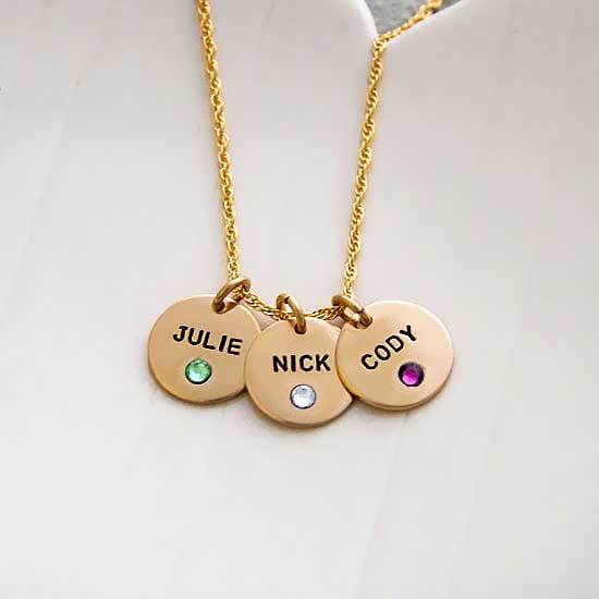Heart On Your Wrist Gold Disc with Birthstones Necklace, with kids names + matching birthstones in the charm