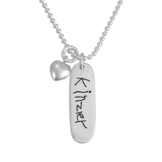 Silver Handwriting Mom Tag with child's signature Silver Handwriting Mom Tag with child's signature engraved on it, with a puffed silver heart charm added