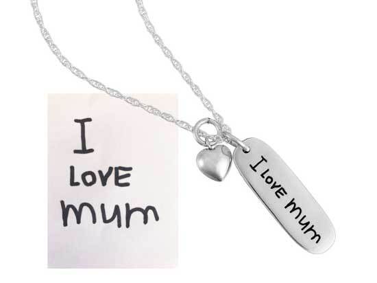 Silver Handwriting Mom Tag with kids writing: "I Love Mum", on a silver chain with silver puffed heart charm Silver Handwriting Mom Tag with kids writing: "I Love Mum", on a silver chain with silver puffed heart charm
