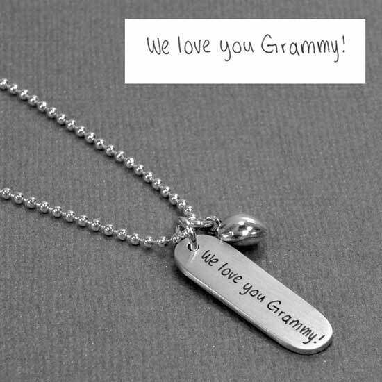 Silver handwriting mom tag with "We Love You Grammy" engraved in kids handwriting Silver handwriting mom tag with "We Love You Grammy" engraved in kids handwriting