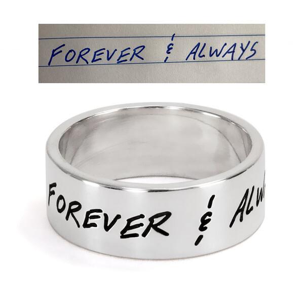 Substantial handwriting ring in sterling silver, customized with actual handwriting saying, "Forever & Always", from Heart On Your Wrist