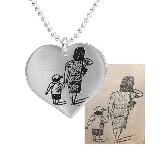 Silver Heart Necklace engraved with drawing of a child walking hand in hand with his Mom