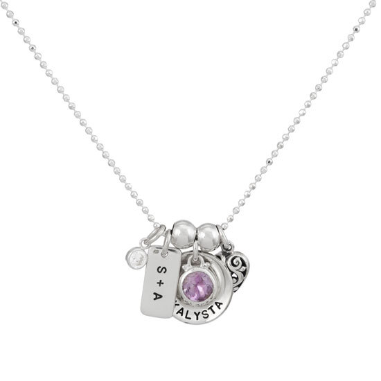 Mix and match charms & stones Mixed silver charms stamped with Grandkids' names, with a large amethyst birthstone and heart charm