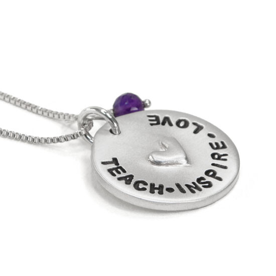 Teacher Gift Love for Teacher Necklace with a purple stone, low angle close up showing its thickness