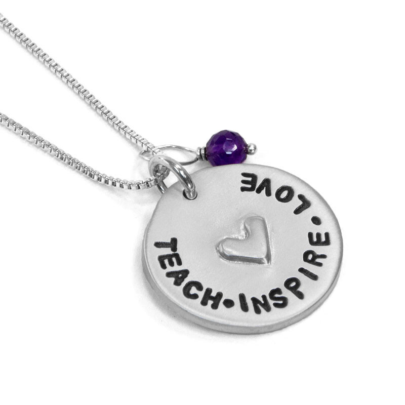 Teacher Gift Love for Teacher Necklace with a purple stone, shown from the side 