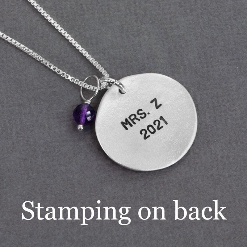 Back side of Teacher Gift Love for Teacher Necklace, personalized with "Mrs. Z 2021"