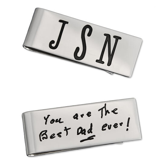 Sterling Silver Personalized Money Clips: one with initials JSN, other with kid's writing: You are the best Dad ever!