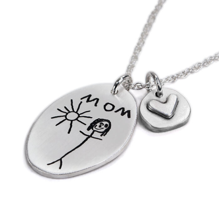 Sculpted Oval Handwriting Necklace with child's drawing of Mom, with a small copper disc and silver heart  charm attached