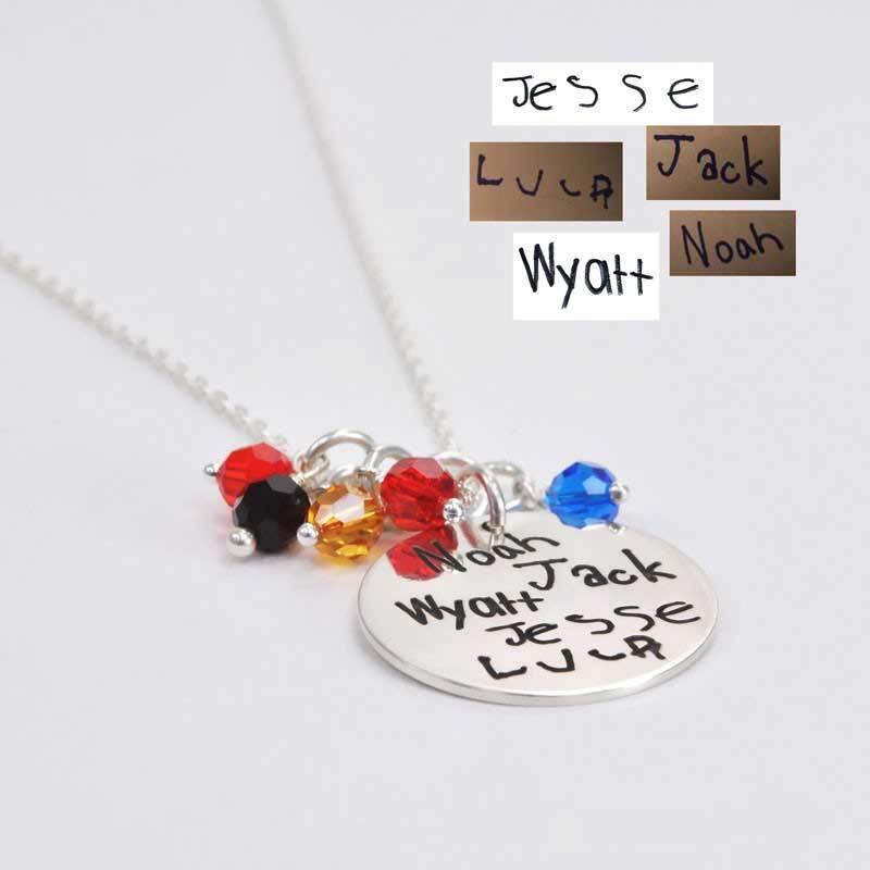 Silver Disc Handwriting Necklace 7/8" Silver Disc Handwriting Necklace 7/8" with kids names and Swarovski birthstones