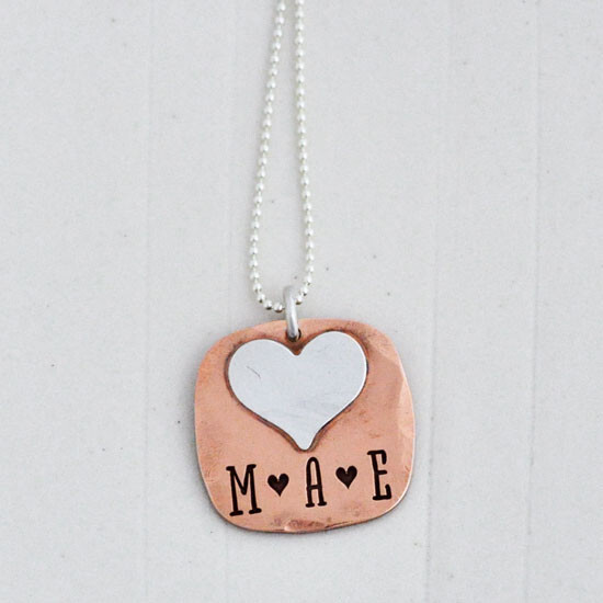 Copper rounded square with a silver heart on it, with initials: M (heart) A (heart) E Copper rounded square with a silver heart on it, with initials: M (heart) A (heart) E